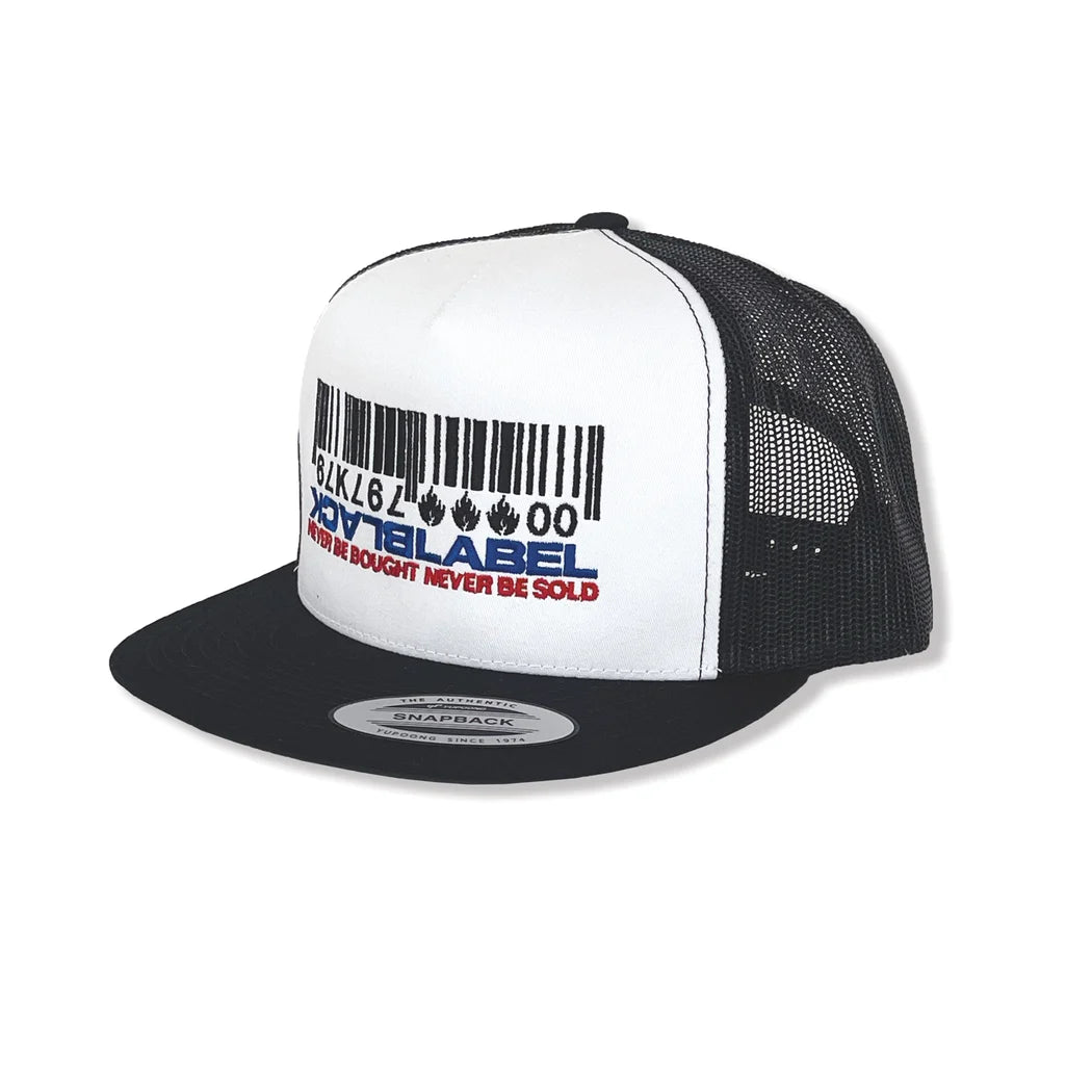 High Fashion Statement Hat-Black Label Barcode Trucker Hat - White / Black