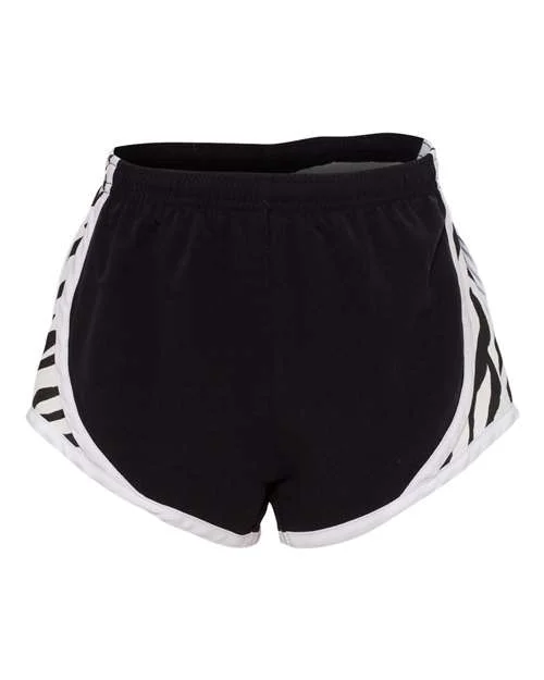 Shorts With School Emblems-Boxercraft P62Y Girls Velocity 2 1 4" Running Shorts - Black White Zebra