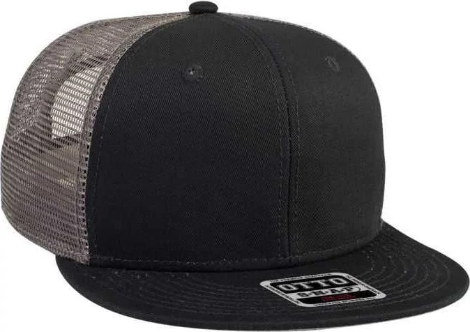 Versatile Outdoor Hat-OTTO 141-1070 Superior Cotton Twill Round Flat Visor 6 Panel Pro Style Mesh Back Trucker Snapback Hat - Black Black Charcoal