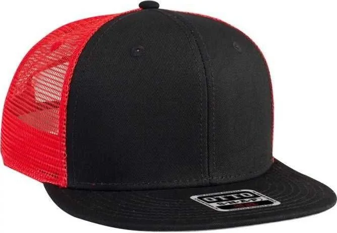 Performance Tennis Hat-OTTO 141-1070 Superior Cotton Twill Round Flat Visor 6 Panel Pro Style Mesh Back Trucker Snapback Hat - Black Black Red