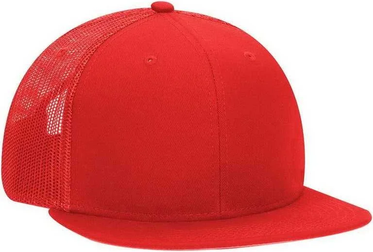 Soft Cotton Newsboy Hat-OTTO 141-1070 Superior Cotton Twill Round Flat Visor 6 Panel Pro Style Mesh Back Trucker Snapback Hat - Red