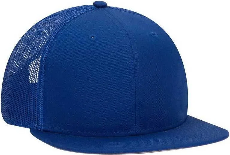 Stylish Golf Hat-OTTO 141-1070 Superior Cotton Twill Round Flat Visor 6 Panel Pro Style Mesh Back Trucker Snapback Hat - Royal