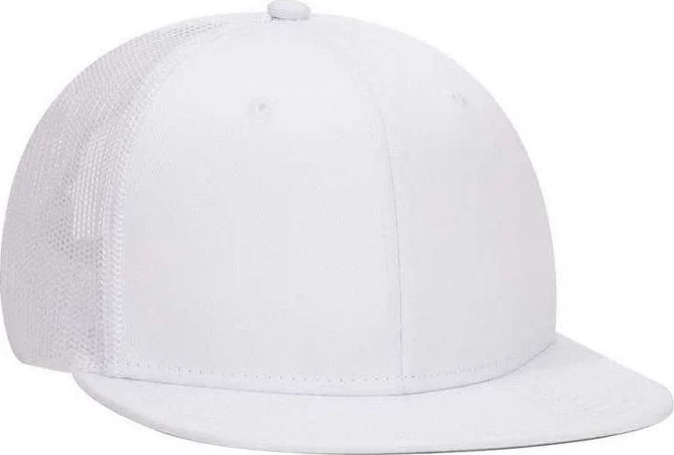 Festival Style Hat-OTTO 141-1070 Superior Cotton Twill Round Flat Visor 6 Panel Pro Style Mesh Back Trucker Snapback Hat - White