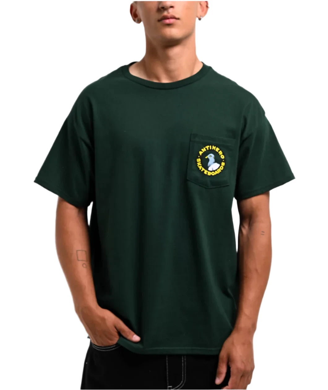 T-Shirt With Ice Skate Art-Pigeon Round Pocket Tee | Forest Green