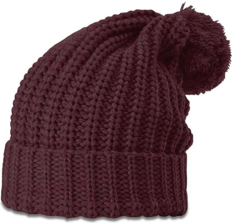 Handmade Crochet Hat-Richardson 143R Chunk Cable Beanies with Cuff and Pom - Burgandy