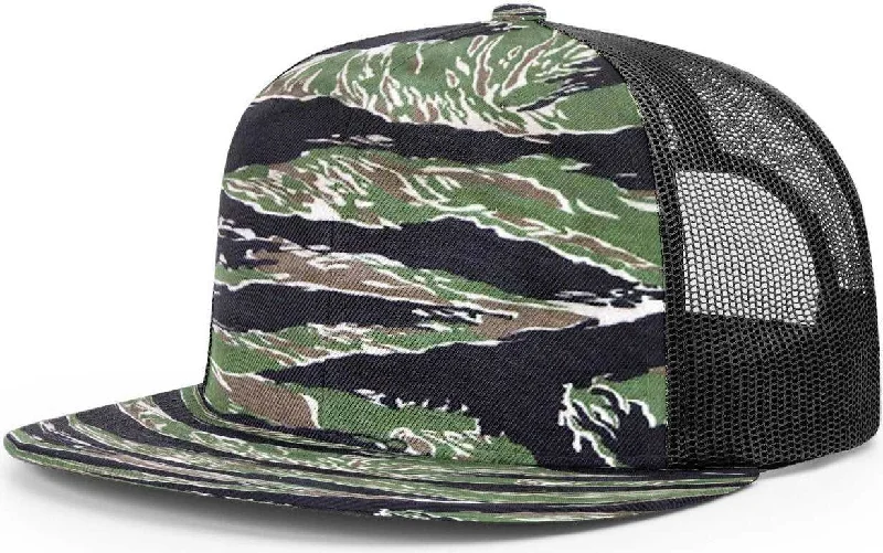 Adjustable Snapback Hat-Richardson 511 Wool Blend Flat Bill Trucker Caps- Tiger Camo Black