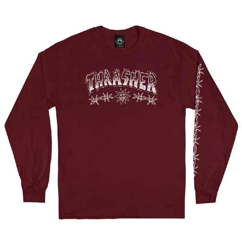 T-Shirt With Stage Crew-Thrasher Long Sleeve T-Shirt Barbed Wire - Maroon