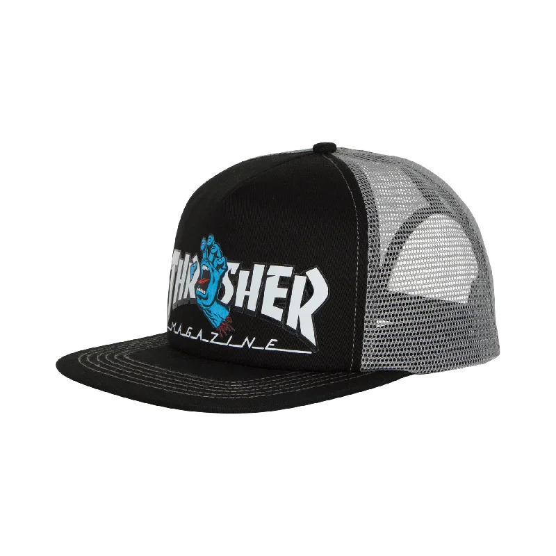 Chic and Modern Trucker Hat-Santa Cruz x Thrasher Screaming Logo Mesh Trucker High Profile Hat Blk/Grey OS Unisex