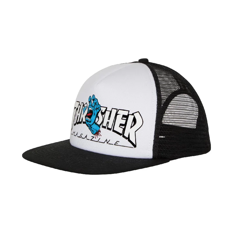 Waterproof Wide Brim Hat-Santa Cruz x Thrasher Screaming Logo Mesh Trucker High Profile Hat Wht/Blk OS Unisex