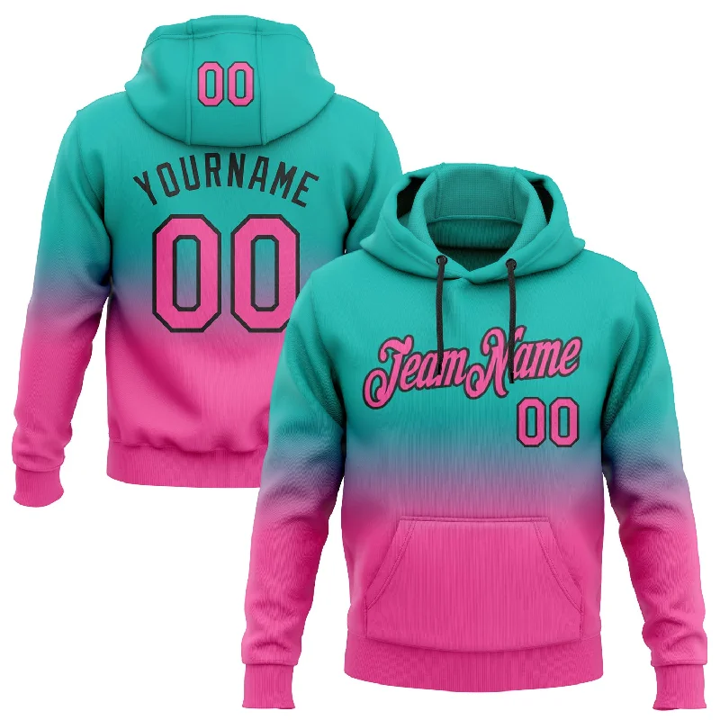 Hoodie with leather patch accentsCustom Stitched Aqua Pink-Black Fade Fashion Sports Pullover Sweatshirt Hoodie