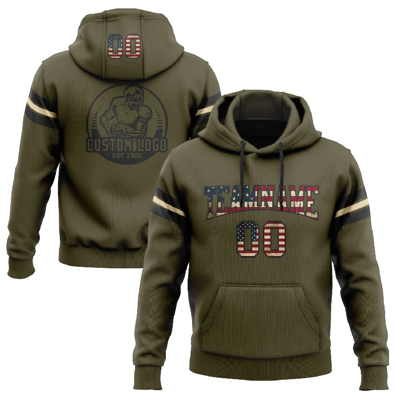 Hoodie for snowboarding tripsCustom Stitched Olive Vintage USA Flag Black-Cream Football Pullover Sweatshirt Salute To Service Hoodie