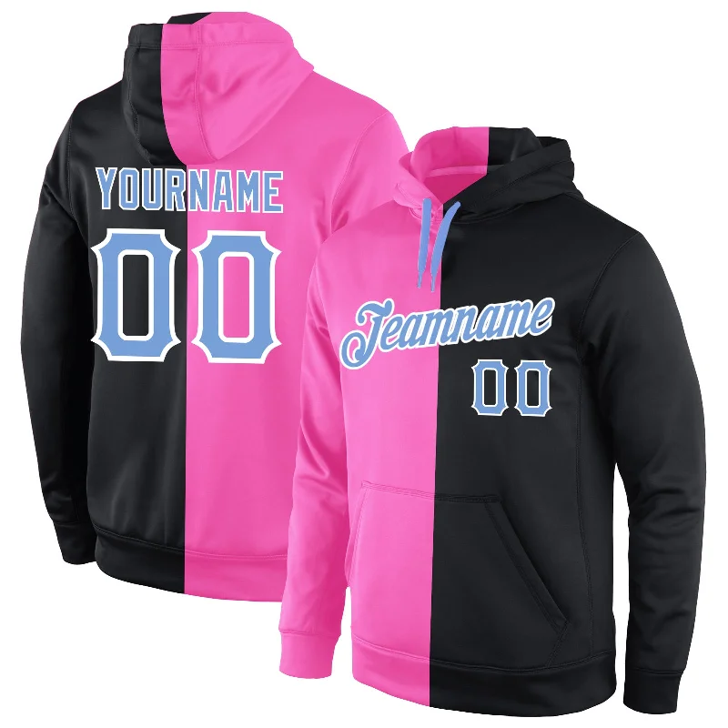 Hoodie with punk band logosCustom Stitched Pink Light Blue-Black Split Fashion Sports Pullover Sweatshirt Hoodie