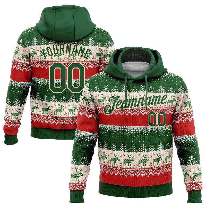 Hoodie with funny cat designsCustom Stitched Red Green-Cream 3D Christmas Reindeers Sports Pullover Sweatshirt Hoodie