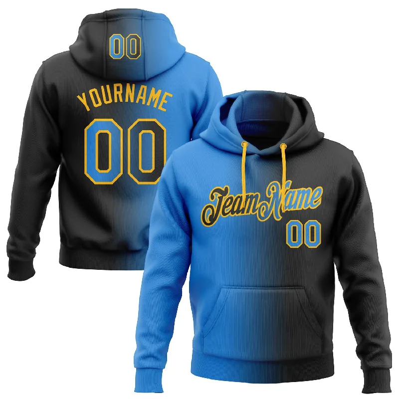 Hoodie for retro arcade fansCustom Stitched Black Electric Blue-Gold Gradient Fashion Sports Pullover Sweatshirt Hoodie