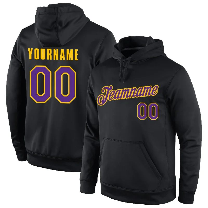 Hoodie for chilly classroom daysCustom Stitched Black Purple-Gold Sports Pullover Sweatshirt Hoodie