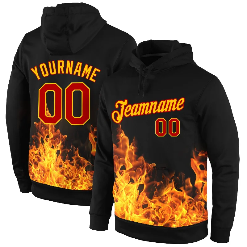 Hoodie for music festival goersCustom Stitched Black Red-Gold 3D Pattern Design Flame Sports Pullover Sweatshirt Hoodie