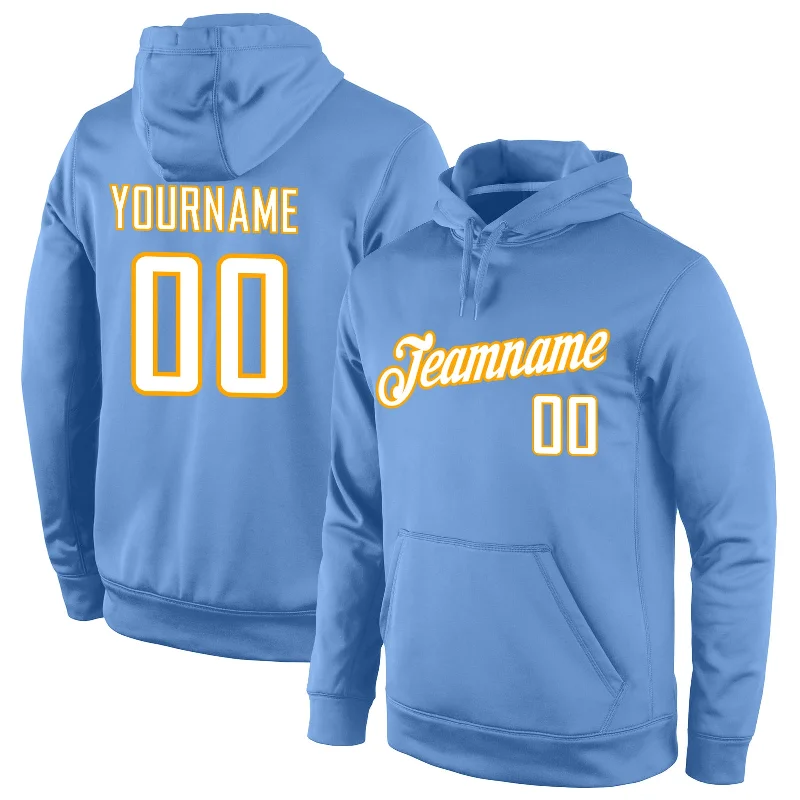 Hoodie with velvet soft fabricCustom Stitched Light Blue White-Gold Sports Pullover Sweatshirt Hoodie