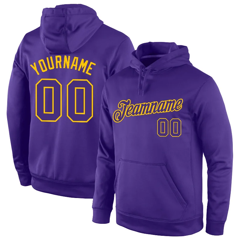 Hoodie with adjustable hood drawstringsCustom Stitched Purple Purple-Gold Sports Pullover Sweatshirt Hoodie