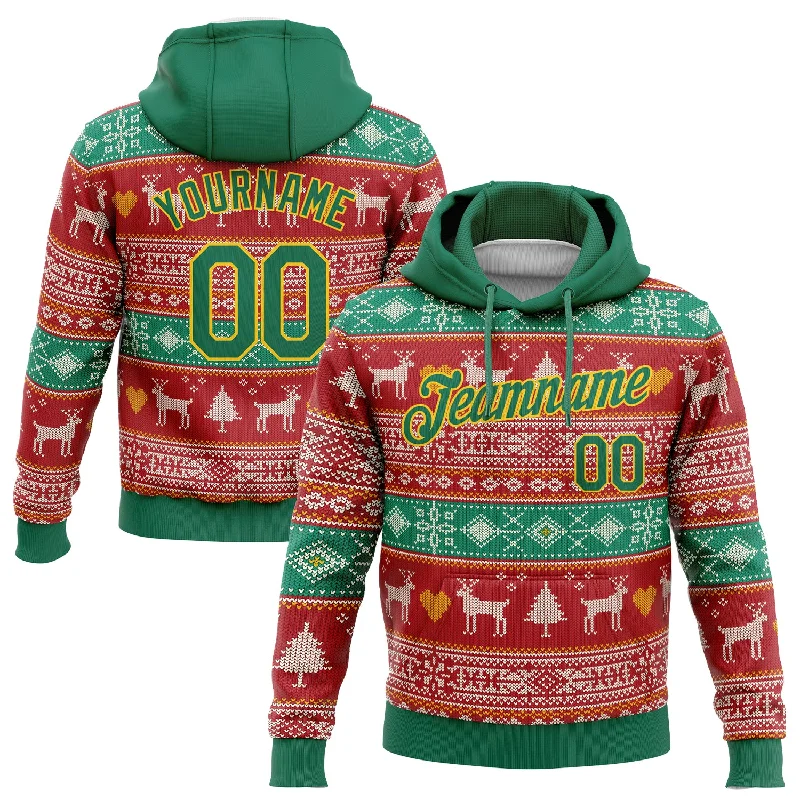 Hoodie with tropical sunset vibesCustom Stitched Red Kelly Green-Gold 3D Christmas Reindeers Sports Pullover Sweatshirt Hoodie