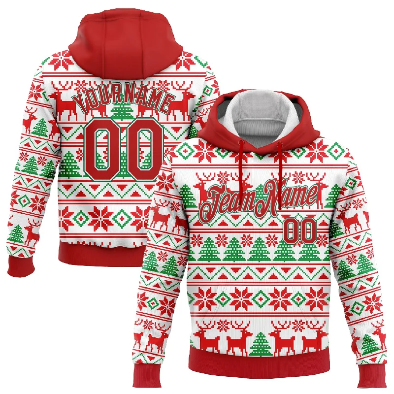 Hoodie for cold winter nightsCustom Stitched White Red-Kelly Green Christmas 3D Sports Pullover Sweatshirt Hoodie