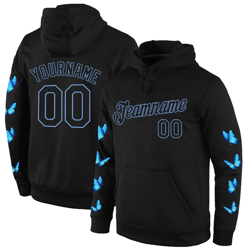 Hoodie for eco-friendly cottonCustom Stitched Black Black-Light Blue 3D Pattern Design Butterfly Sports Pullover Sweatshirt Hoodie