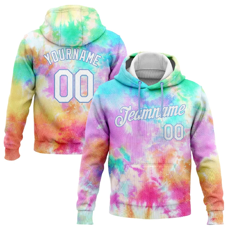 Hoodie for winter sports fansCustom Stitched Tie Dye White-Light Blue 3D Rainbow Sports Pullover Sweatshirt Hoodie