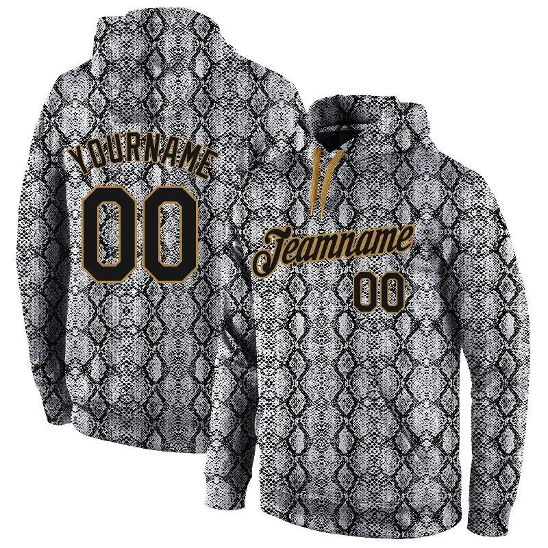 Hoodie for tech startup vibesCustom Stitched Black Black-Old Gold 3D Pattern Design Snakeskin Sports Pullover Sweatshirt Hoodie