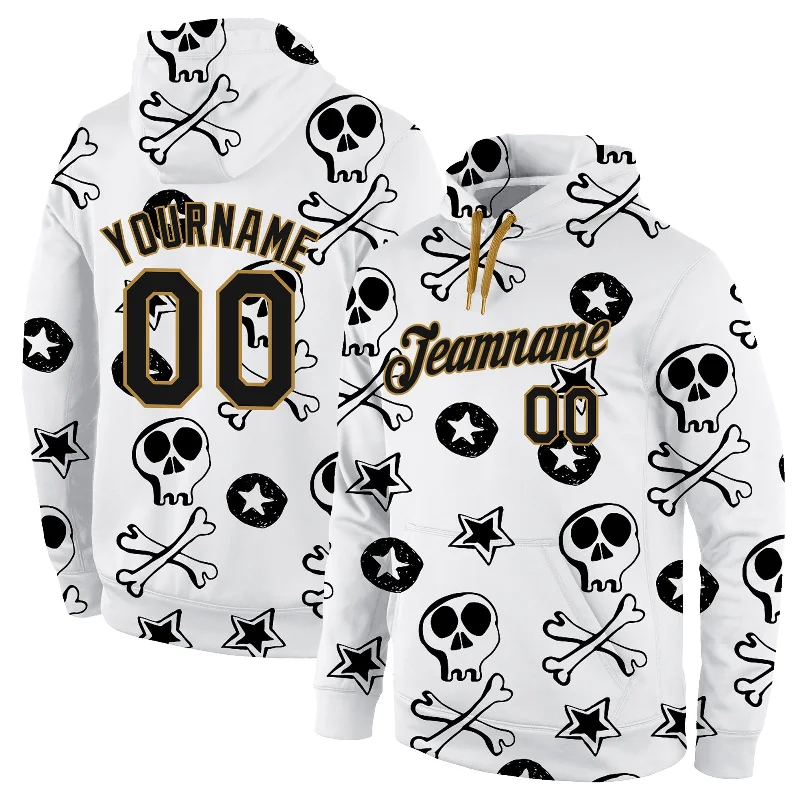 Hoodie for minimalist street styleCustom Stitched White Black-Old Gold 3D Skull Fashion Sports Pullover Sweatshirt Hoodie