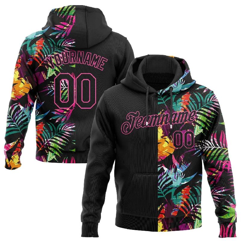 Hoodie with front zipper blackCustom Stitched Black Black-Pink 3D Pattern Design Tropical Palm Leaves Sports Pullover Sweatshirt Hoodie