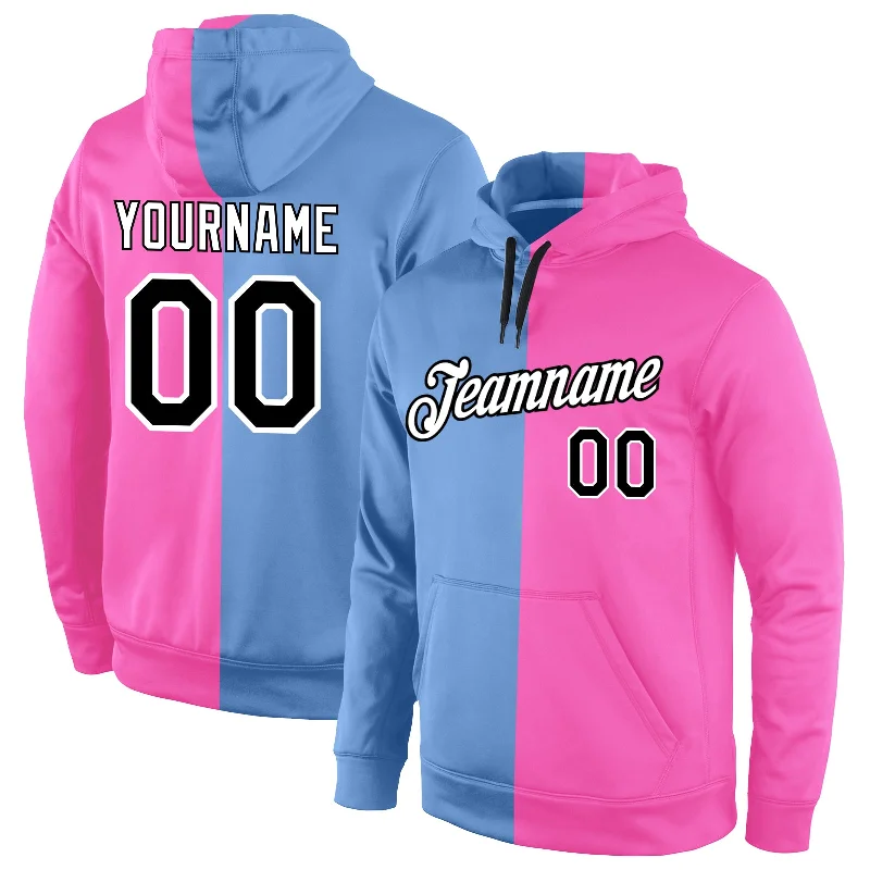 Hoodie for snowboard season prepCustom Stitched Light Blue Black-Pink Split Fashion Sports Pullover Sweatshirt Hoodie