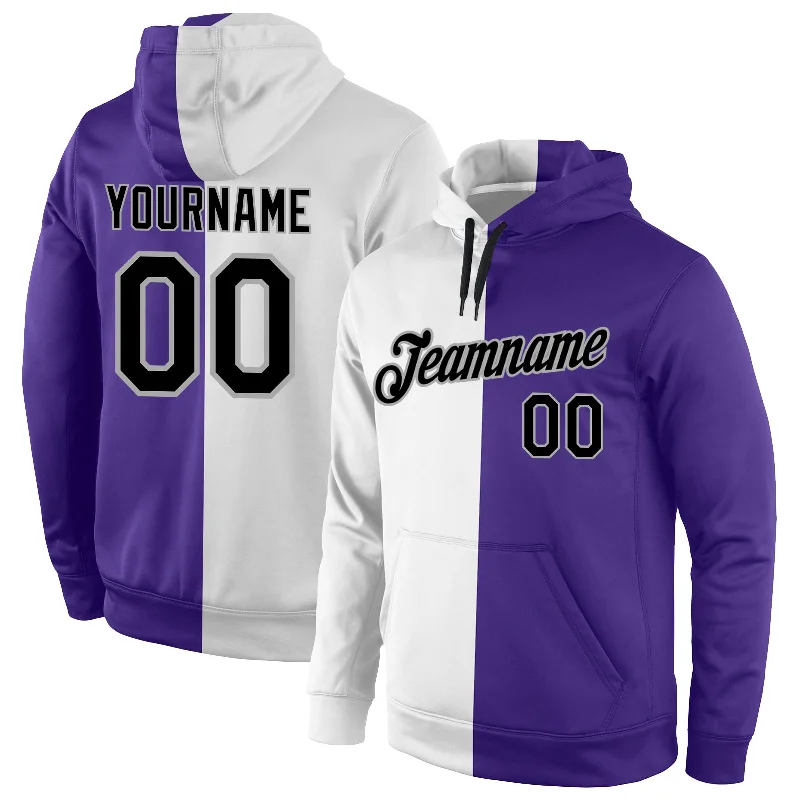 Hoodie with inspirational quote textCustom Stitched White Black-Purple Split Fashion Sports Pullover Sweatshirt Hoodie