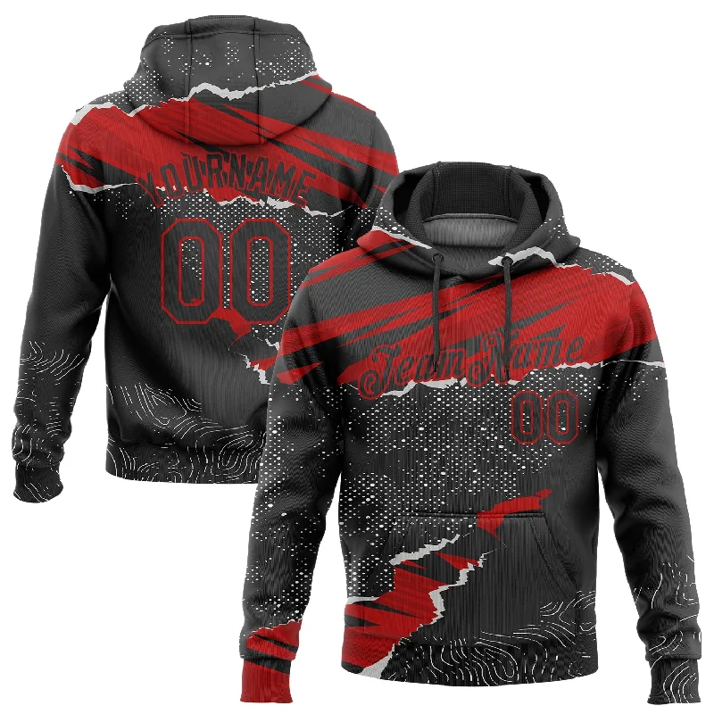 Hoodie for festival dance partiesCustom Stitched Black Red 3D Pattern Design Torn Paper Style Sports Pullover Sweatshirt Hoodie