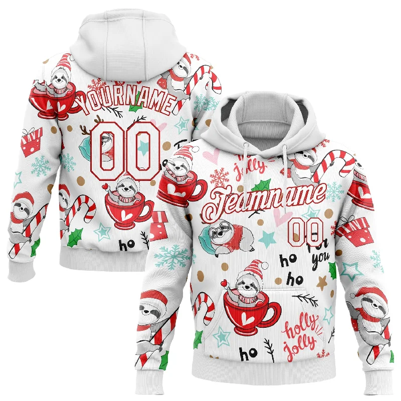 Hoodie for book club fansCustom Stitched White White-Red 3D Christmas Sloths Sports Pullover Sweatshirt Hoodie