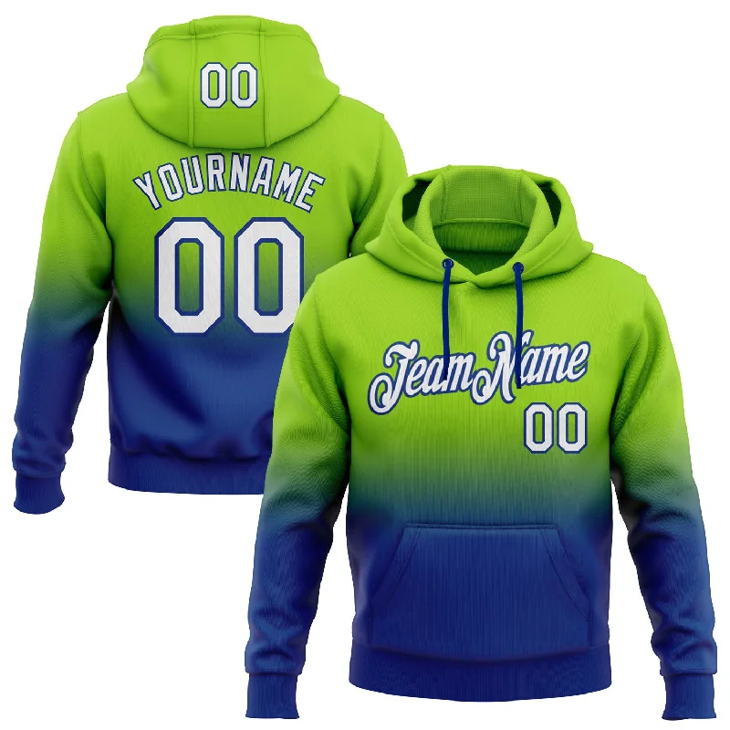 Hoodie with motivational gym quotesCustom Stitched Neon Green White-Royal Fade Fashion Sports Pullover Sweatshirt Hoodie