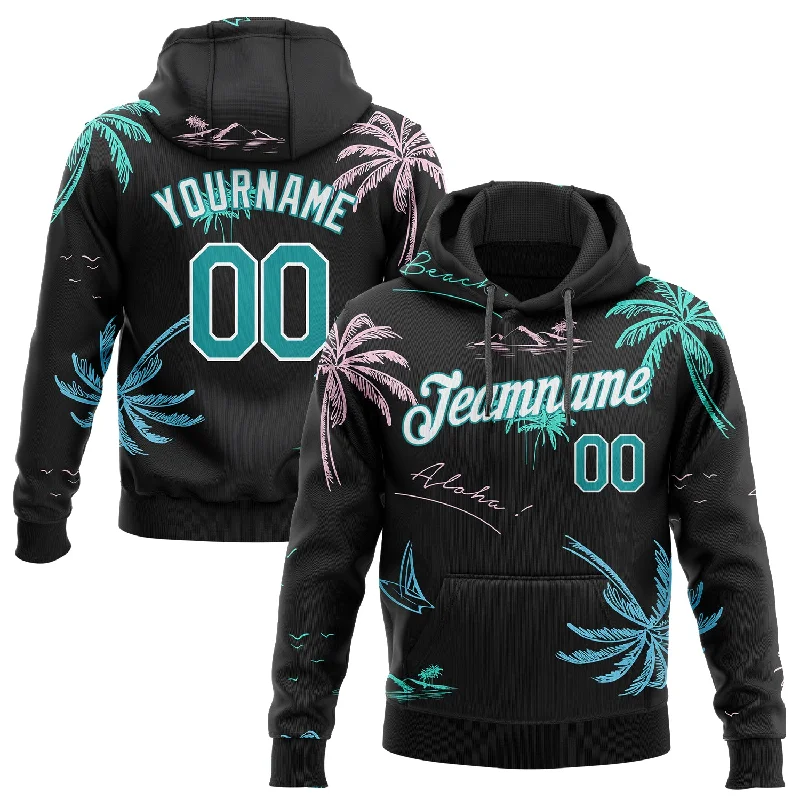 Hoodie with anime character artCustom Stitched Black Aqua-White 3D Pattern Design Hawaii Palm Trees Sports Pullover Sweatshirt Hoodie