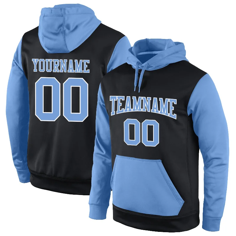 Hoodie with urban graffiti printCustom Stitched Black Light Blue-White Sports Pullover Sweatshirt Hoodie