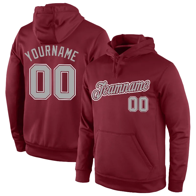 Hoodie with military-inspired lookCustom Stitched Burgundy Gray-White Sports Pullover Sweatshirt Hoodie