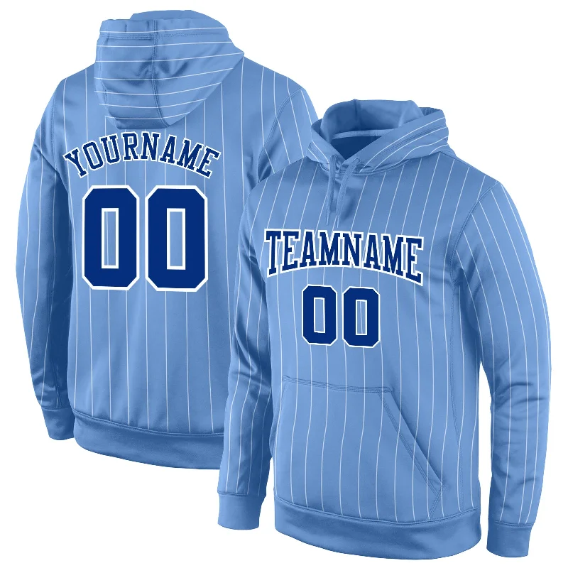 Hoodie with distressed ripped styleCustom Stitched Light Blue White Pinstripe Royal-White Sports Pullover Sweatshirt Hoodie