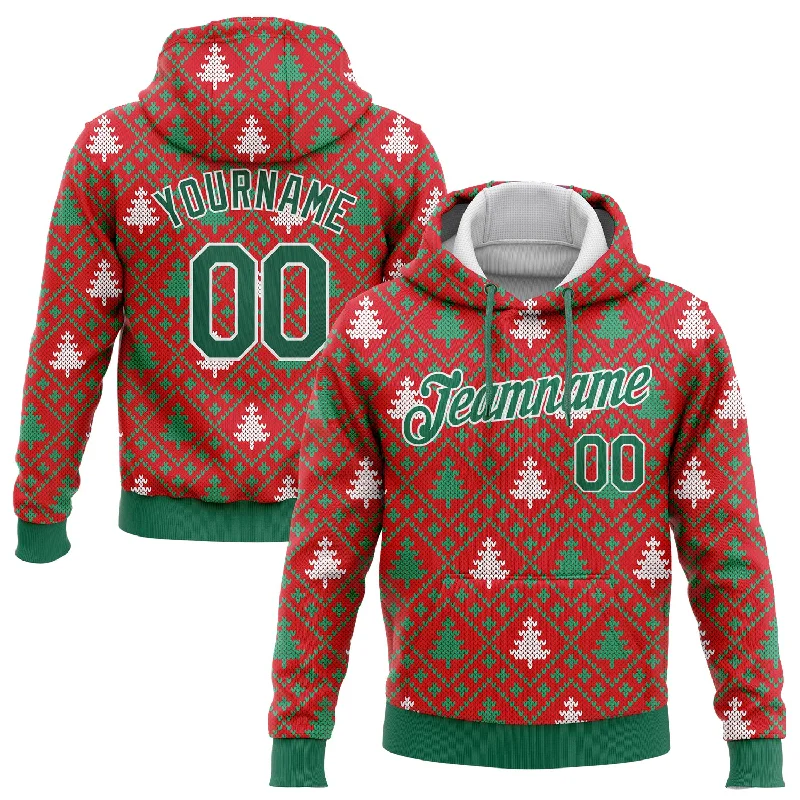 Hoodie for long train ridesCustom Stitched Red Kelly Green-White 3D Christmas Trees Sports Pullover Sweatshirt Hoodie