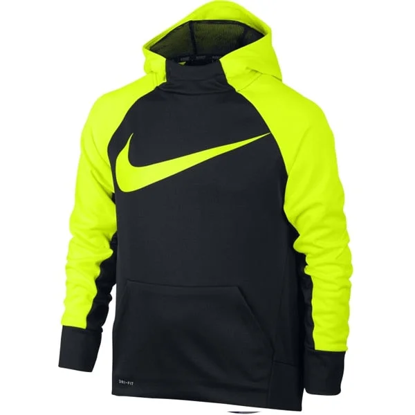 Hoodie with leather patch accentsNike Youth Therma Swoosh Graphic Hoodie Black/Volt